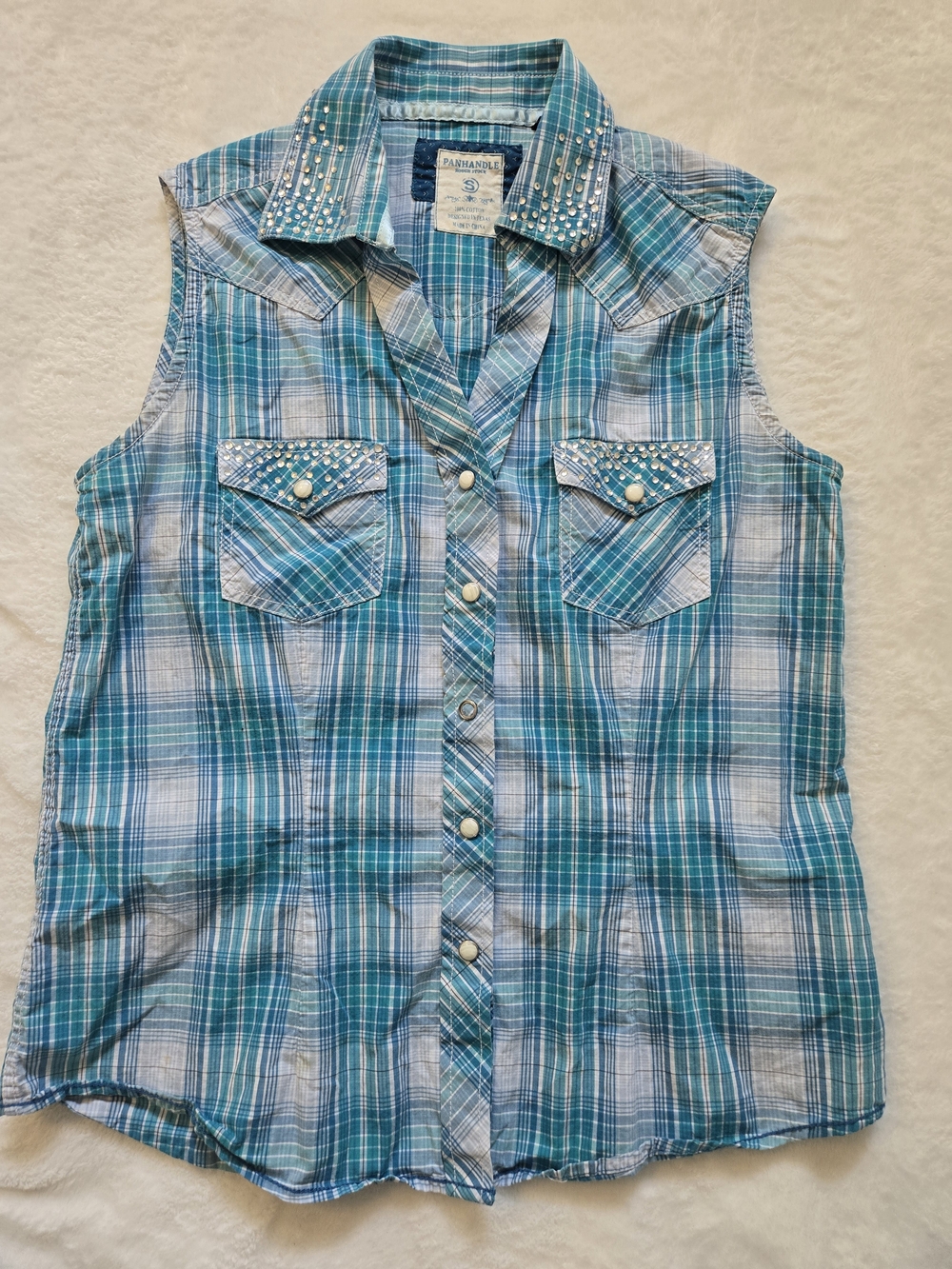 Catherines Teal & White Plaid Sleeveless Snap-Front Shirt with Stud Accents